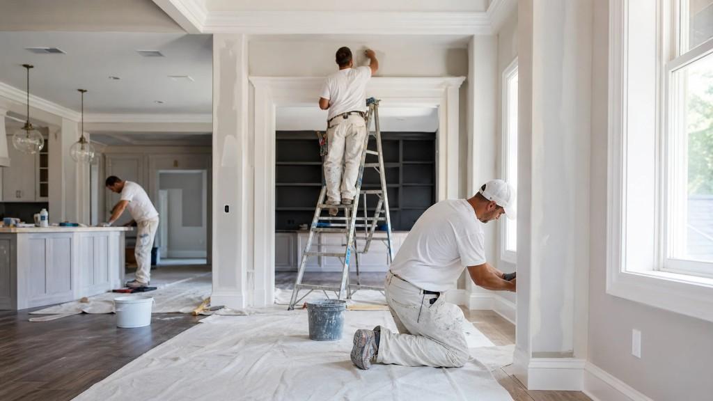 Contractors performing emergency storm damage repairs to protect a home