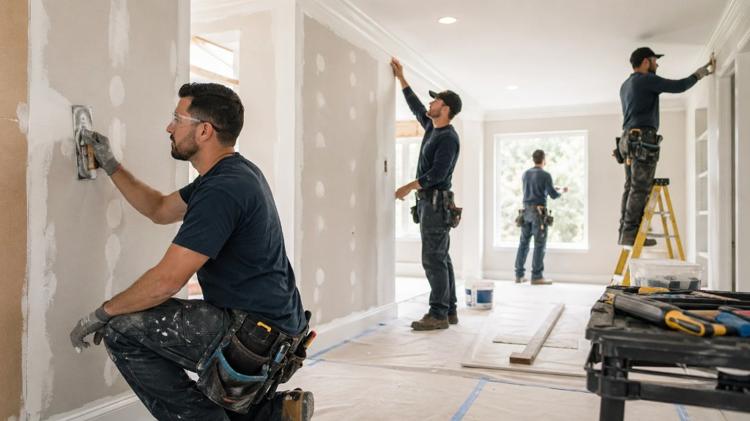 Home repair crew completing interior and exterior restoration work on a Texas property